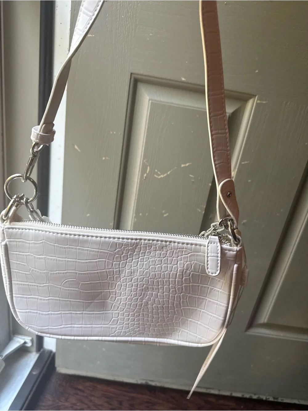 White Croc-Embossed Wristlet Bag